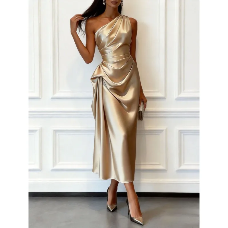 Women's Champagne Satin One Shoulder Guest Midi Dress Luxury Ruched Bodycon Cocktail Party Dress Elegant Formal Evening Gown - view 6