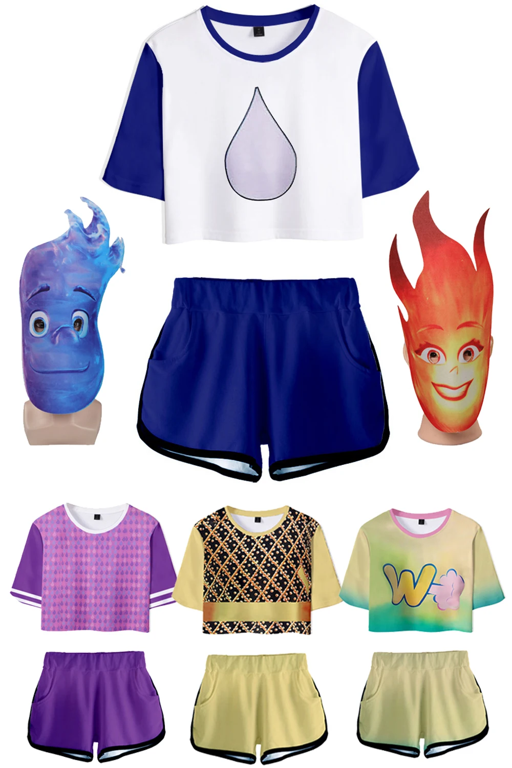 Water Wade Fire Ember Cosplay Fantasy Children T-shirt Short Outfits Cartoon Elemental Disguise Kids Mask Costume Halloween Suit