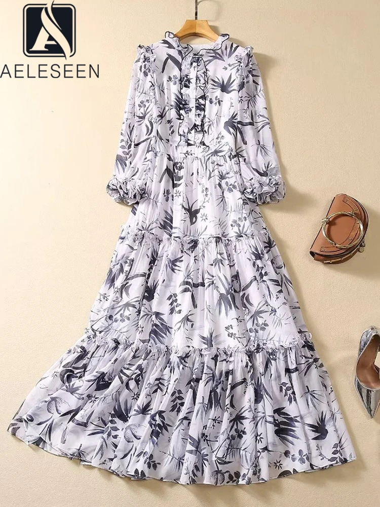 

AELESEEN Runway Fashion Long Dress Women Autumn Lantern Sleeve Ink Flower Print Edible Tree Fungus Vintage Party Vacation