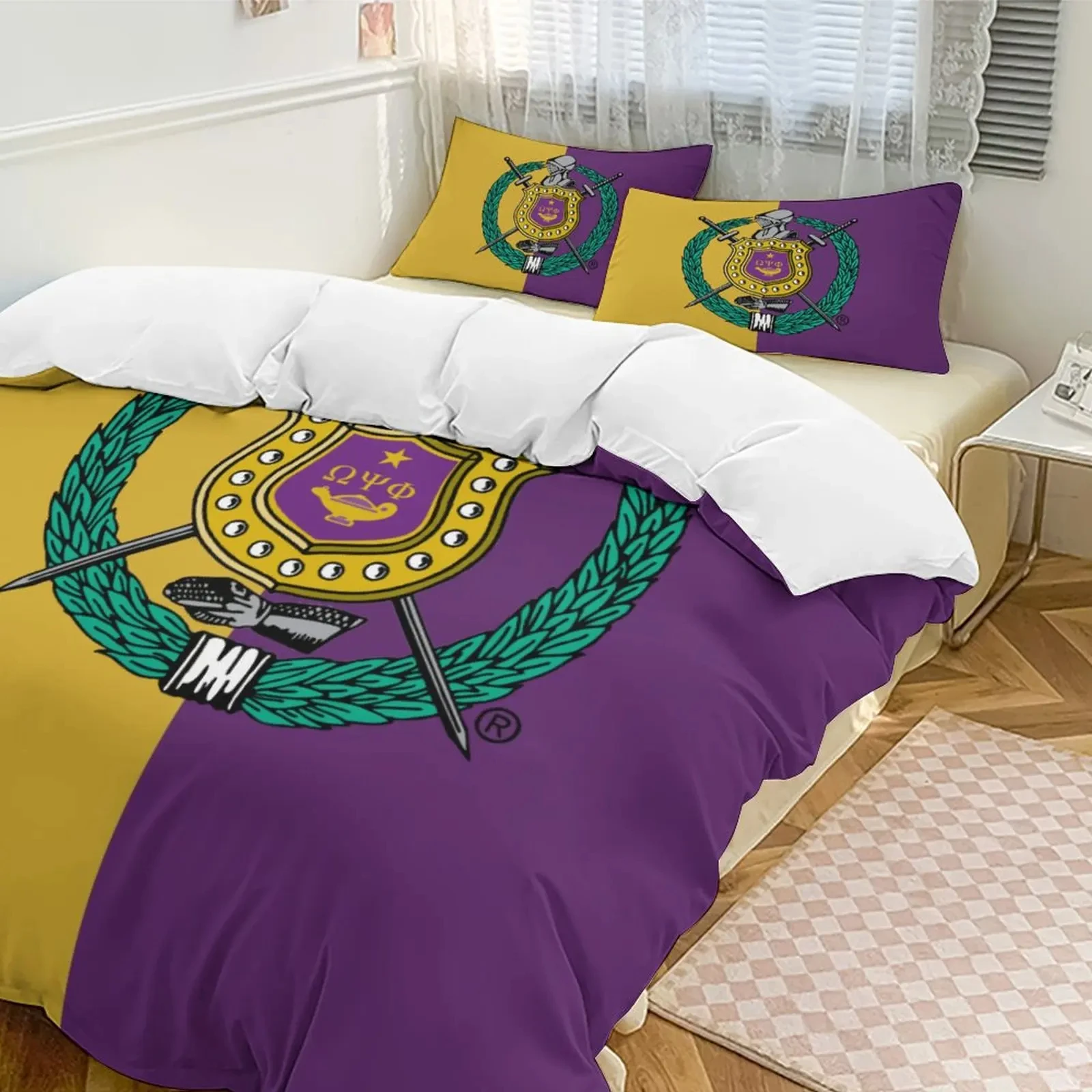 Omega Fraternity Psi Phi OPP Bedding Set,Duvet Cover Bed Set Quilt Cover Pillowcase,King Queen Twin Size Boys Girls Adults