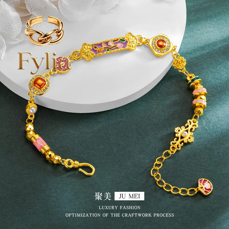 

Fylia Jewelry Luxury 24K real gold Burnt blue Peach DIY bracelet au9999 pure gold ancient burning blue craft hand brand retro c