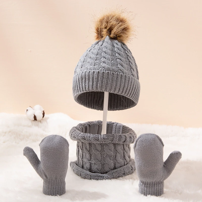 Solid Color Baby Knitted Hat Winter Hat Scarf Gloves Set for Kids 0-3 Years Boys Girls Children Cotton Warm Pom Poms Hat Sets