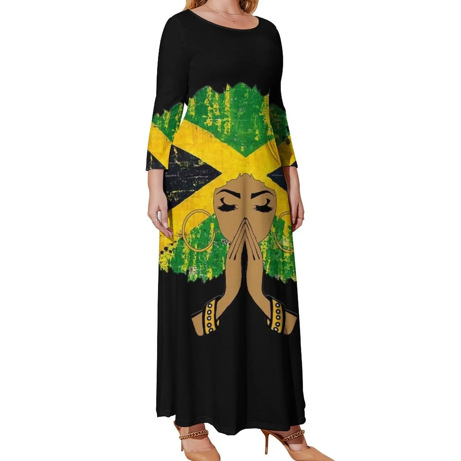 

Jamaican Flag Black Woman Melanin Queen Afro Long Sleeved Dress Dresses gala Long dress woman