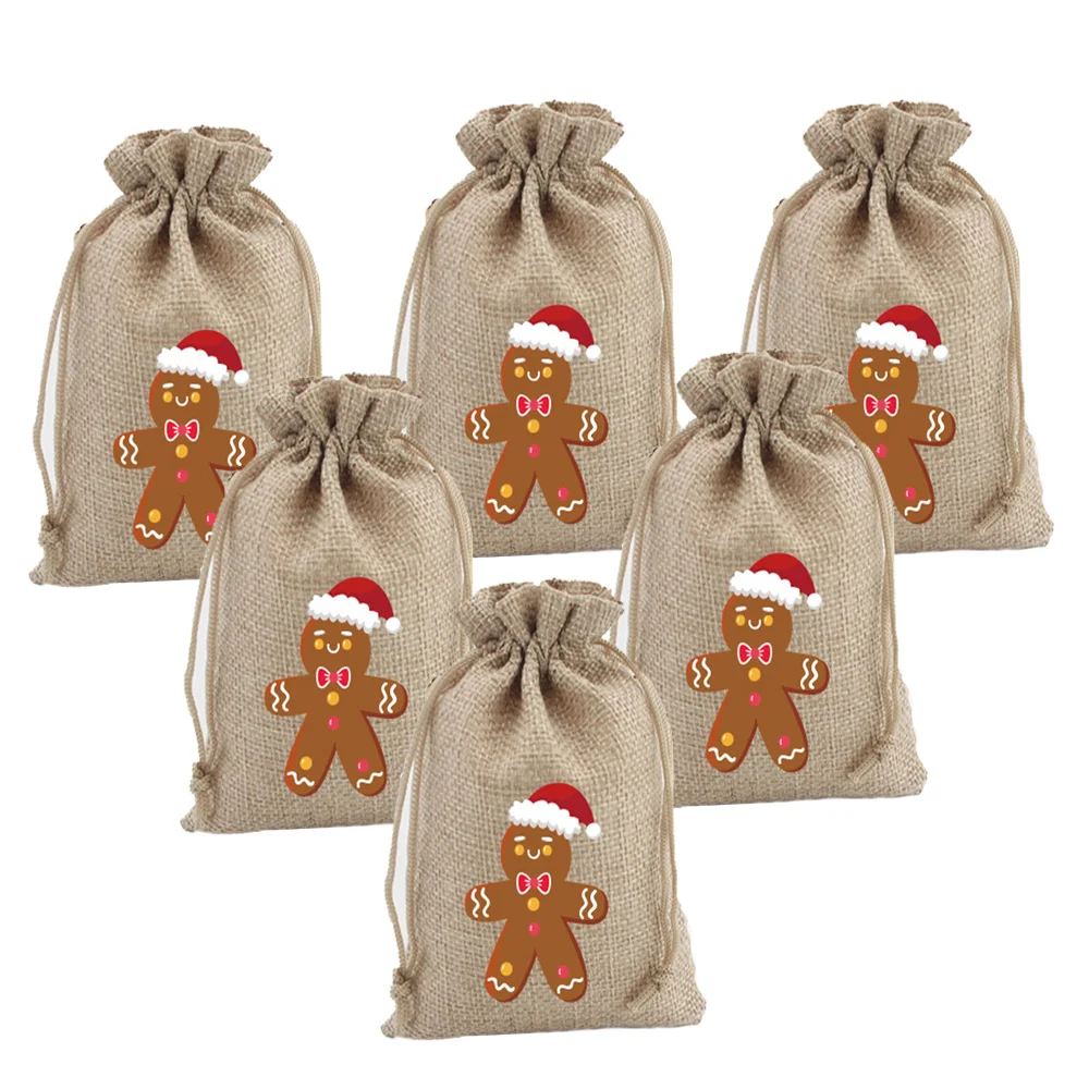 

10PCS Christmas Drawstring Gift Bags - Reusable Gingerbread Man Candy Burlap Bags - Christmas Holiday Home Party Supplies Favors