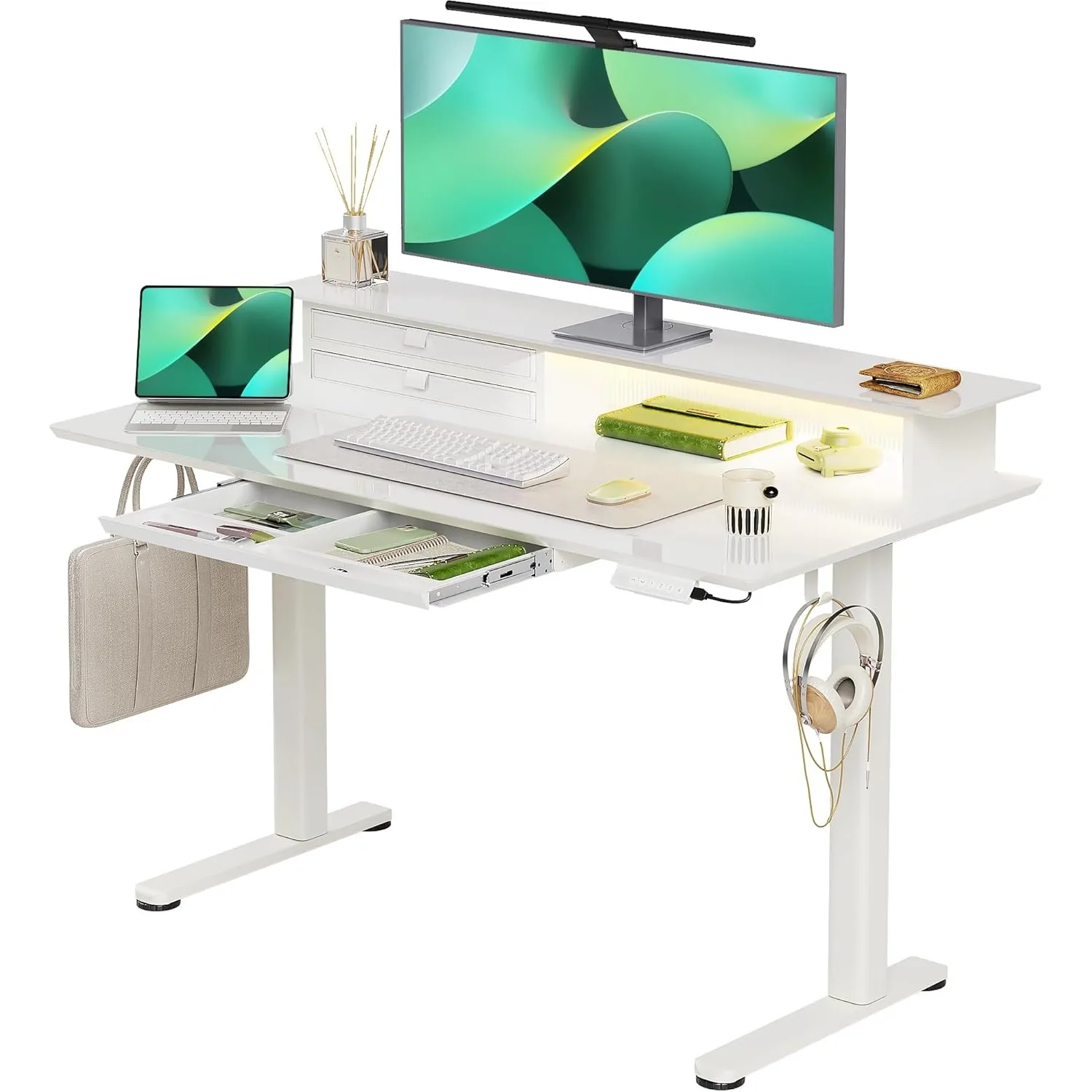 Standing desk 3 drawers, 48 x 24 inch height adjustable, USB port one-piece tempered glass top, quick installation, 4 presets