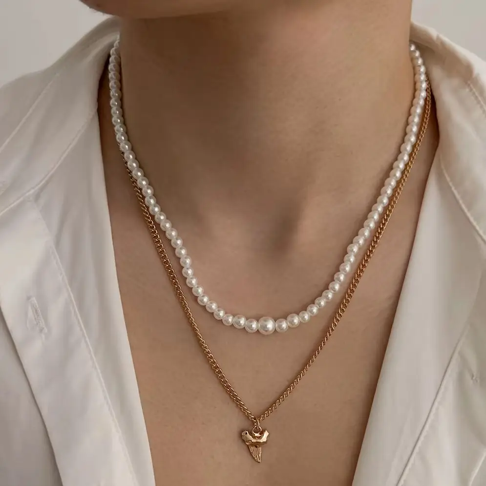 Ingemark 2Pcs/Set Boho Imitation Pearls Chokers Necklace for Men Trendy Creative Geometry Metal Pendent Neck Chain Jewelry Gift