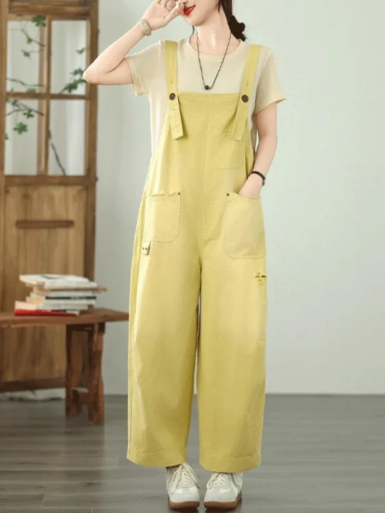 

Simple Color Hole Design Casual Overalls Large Size Women's Slimming Strap Pants Age Reduction Versatile Harlan Pants
