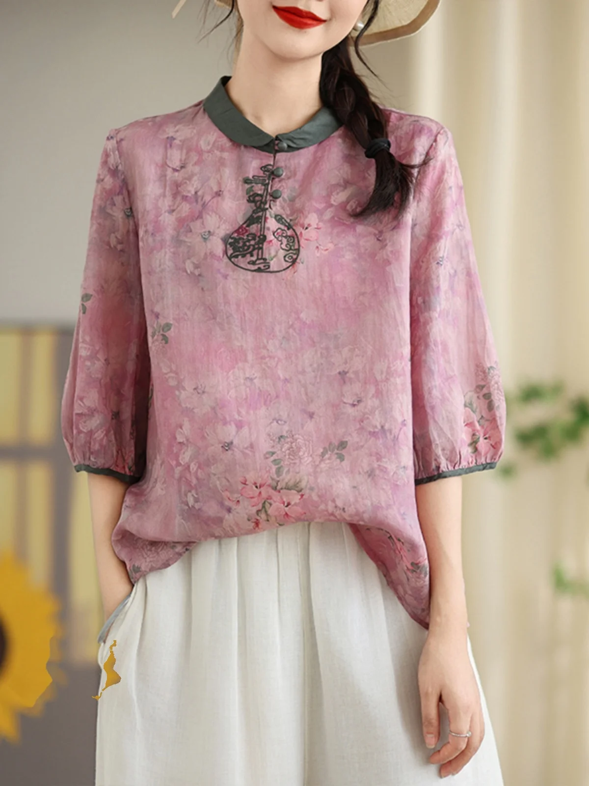 New Chinese Sle Donna Loose Fit Cotone Lino irt ort Sve Ricamato Dimagrante Top Pendolarismo Sle Summer Faion