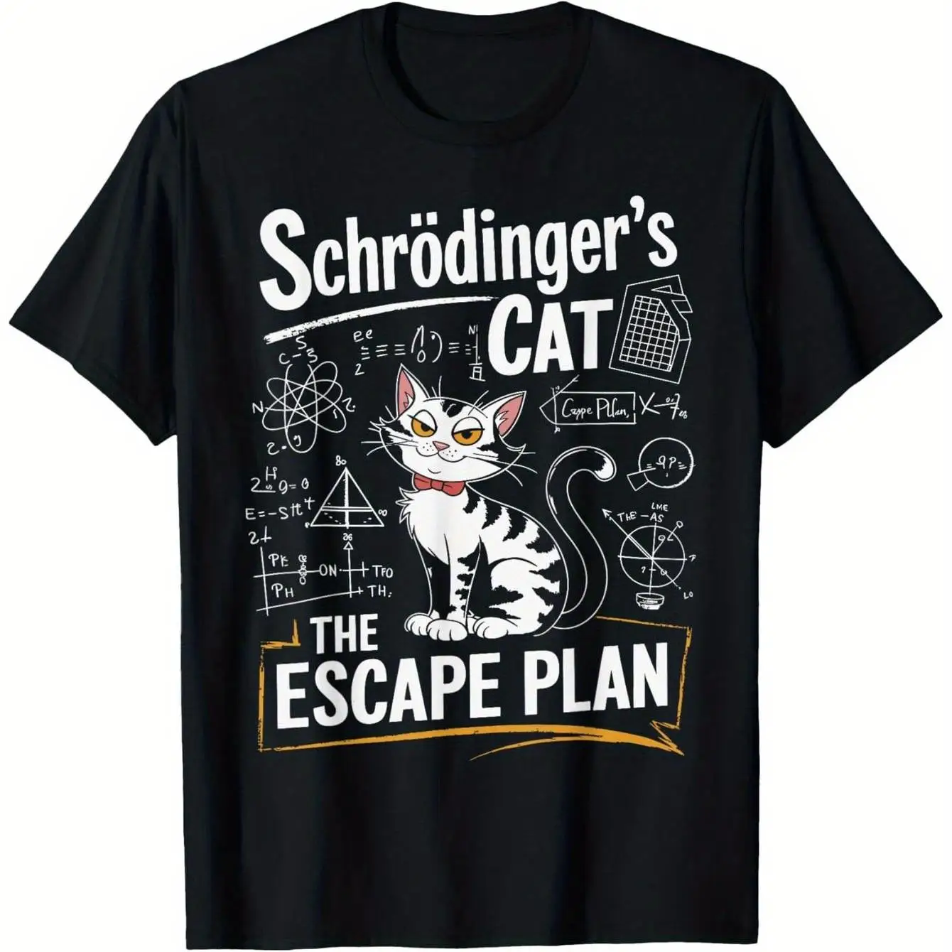 Schr Ö Dinger Cat Escape Plan Pattern T-shirt - Men's T-shirt Fun Science Design Includes Physics Equations Casual Summer Shirt
