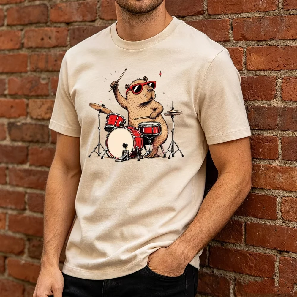 Cool Beaver Animal Playing Drums Men T Shirt Music Band Musician Graphic Tee Retro 80s Vintage Art Top Indie Rock Style Tees
