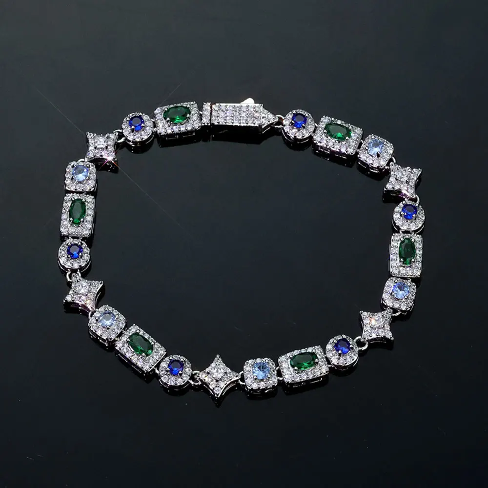 

NY 6 мм Iced Out Diamond Star Браслет-цепочка Красочный геометрический павлин Зеленый и сапфир Синий циркон Латунь Хип-хоп Изысканные ювелирные изделия