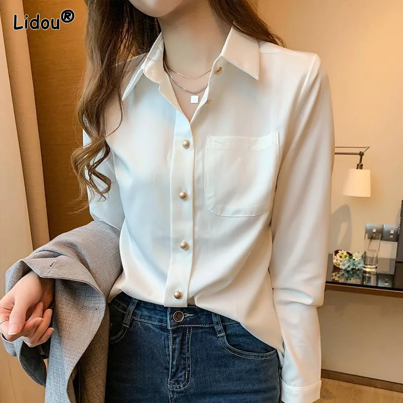 

Office Lady Thin Chiffion Polo-Neck Women Shirt Single Breasted Solid Spring Autumn New Slim Women's Clothing Korean Dignified