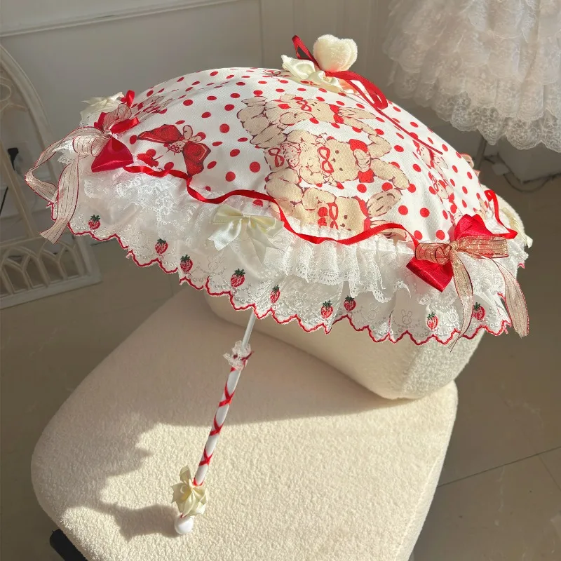 Cute Strawberry Rabbit Long Handle Parasol Red Printed Lolita Sun Umbrella Sweet Style Photography Prop Outdoor Decorative Rain