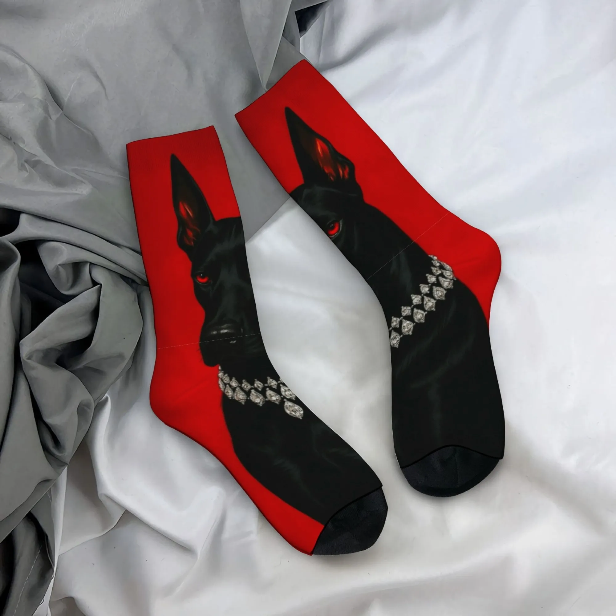 

Dark Luxury Red-Eyed Doberman Crew Socks, Diamond Collar Black Dog Print Socks, Gift for Dark Chic Fans & Wild Cool Style Lovers