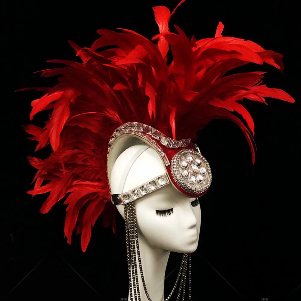 Tocado de cresta de gallo de plumas rojas exageradas, accesorios para el escenario, tocado de diamantes de imitación, adorno para espectáculo de bailarina para hombres y mujeres