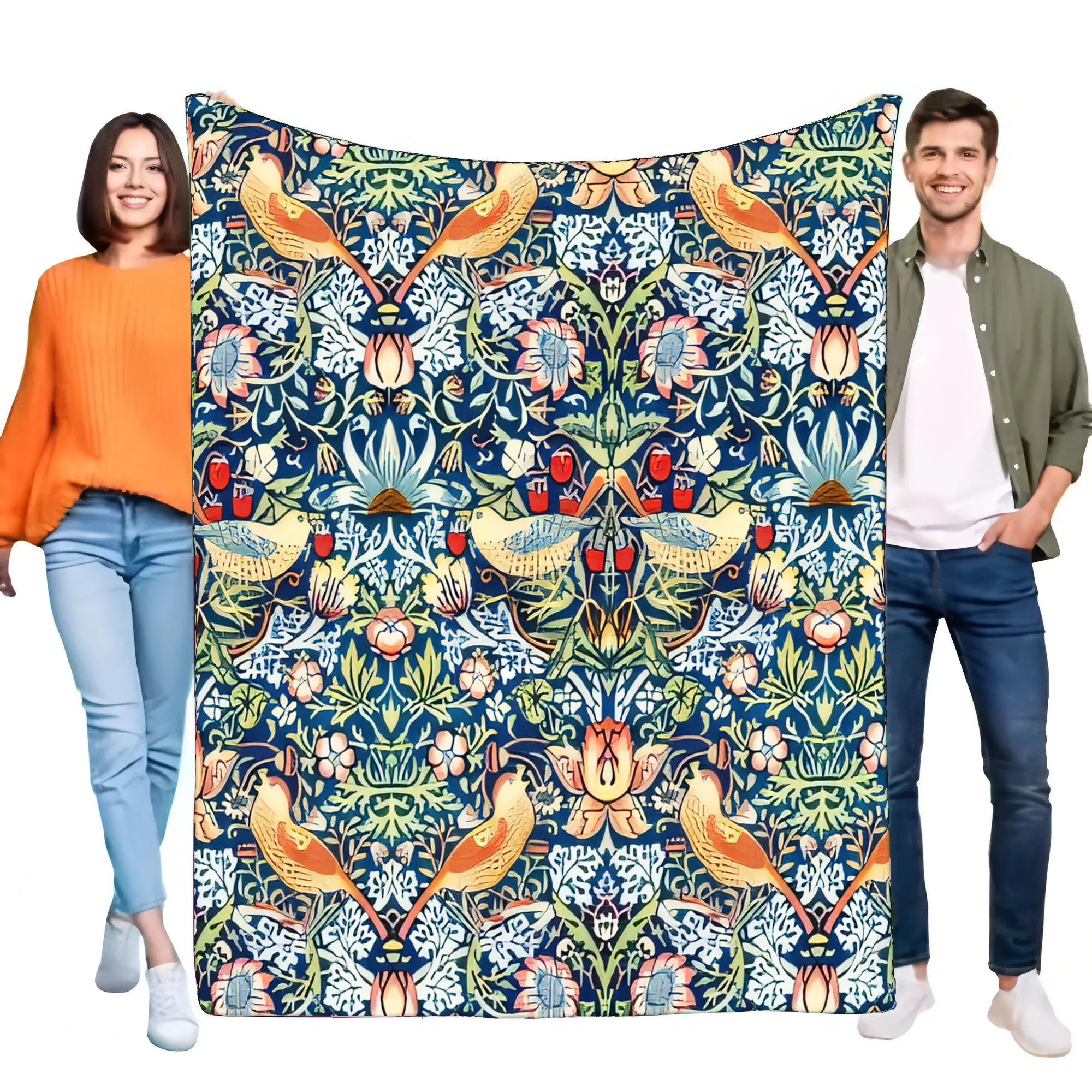 William Morris Strawberry Thief Bird Floral Vintage Art Pattern Throw Blanket for Sofa Bed Living Room Home Decor
