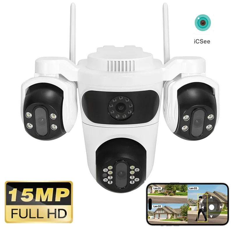 

15MP WIFI Camera Three Screen PTZ Camera Human Detection Security CCTV Surveillance HD External Dual Lens Camera iCsee App