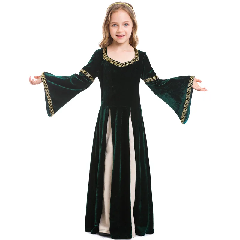 

Retro Medieval Girls Drama Stage Performance Costume Dark Green Horn Sleeve Full Dress Ankle-Length Novelty Children Costume