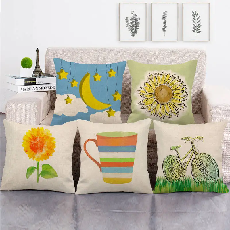 Spring Cute Pillow Case Yellow Moon Sunflower Pillowcase for Pillow Living Room Bedroom Sofa Bed Chair Pillow Cover 45x45 Cm