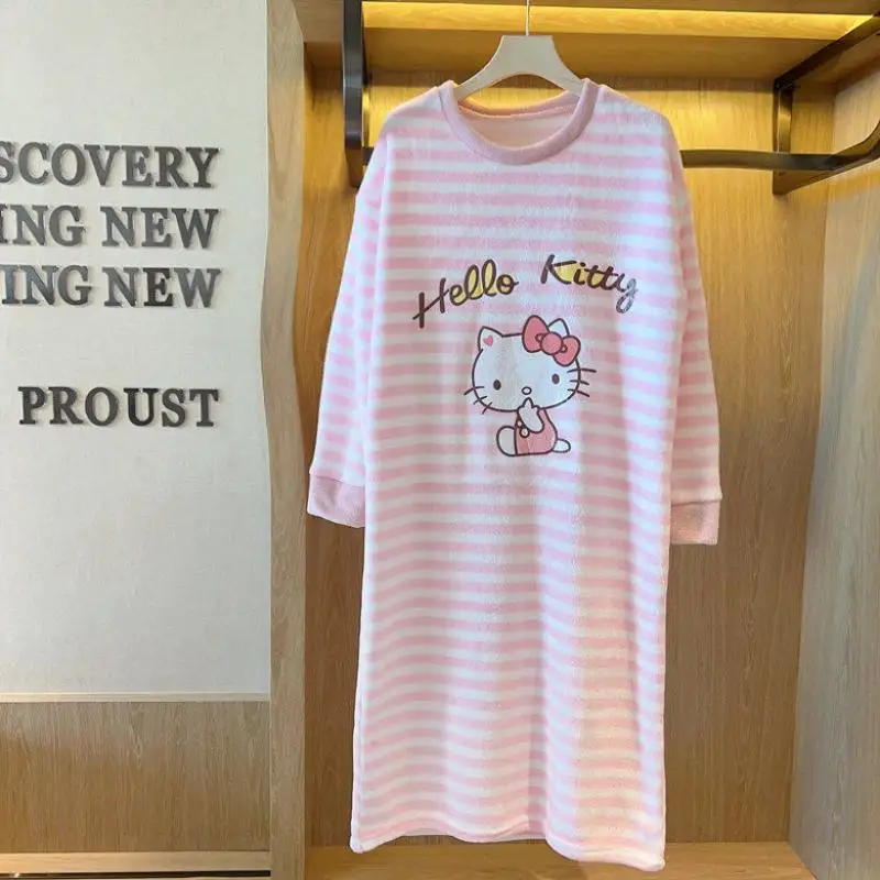 

Sanrio Hello Kitty Kawaii аниме зимние женские ночные рубашки фланелевая флисовая юбка макси свободная удобная теплая пижама с героями мультфильмов