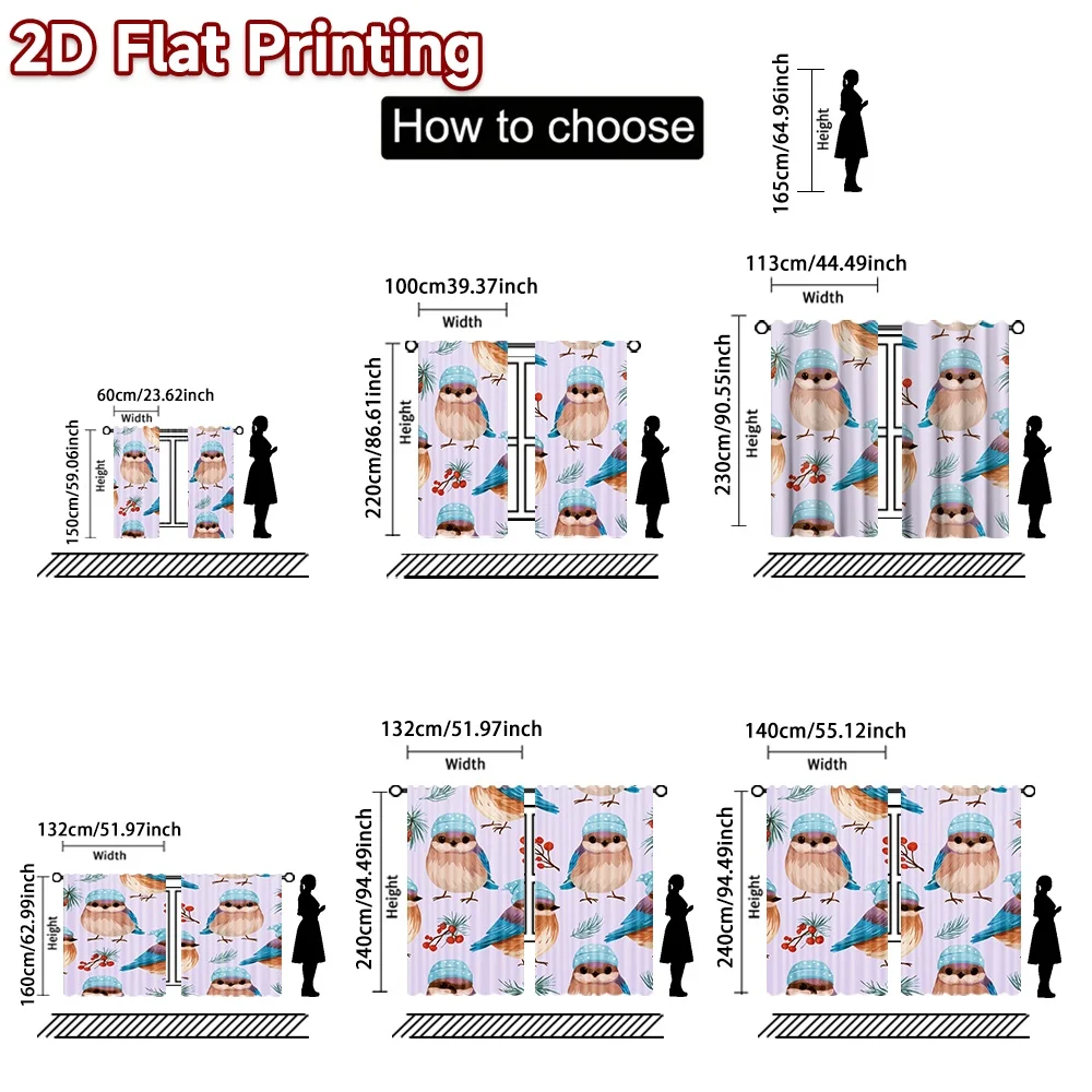 2D flat printing 2pcs Stylish Christmas Curtains Christmas Birds and Berries Digitally printed polyester curtains Party &