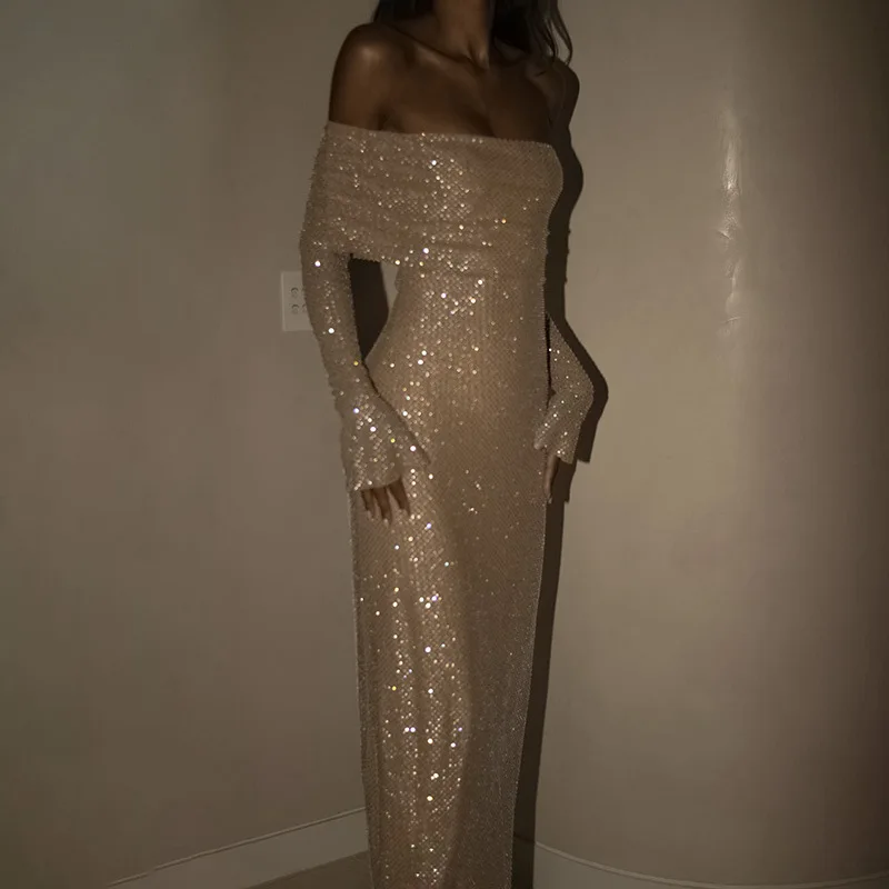 Women Fashion Sparkling Sequins Long Dress Casual Hight Waist Slim Party Dress Elegant Off Shoulder Flare Sleeve Evening Dresses