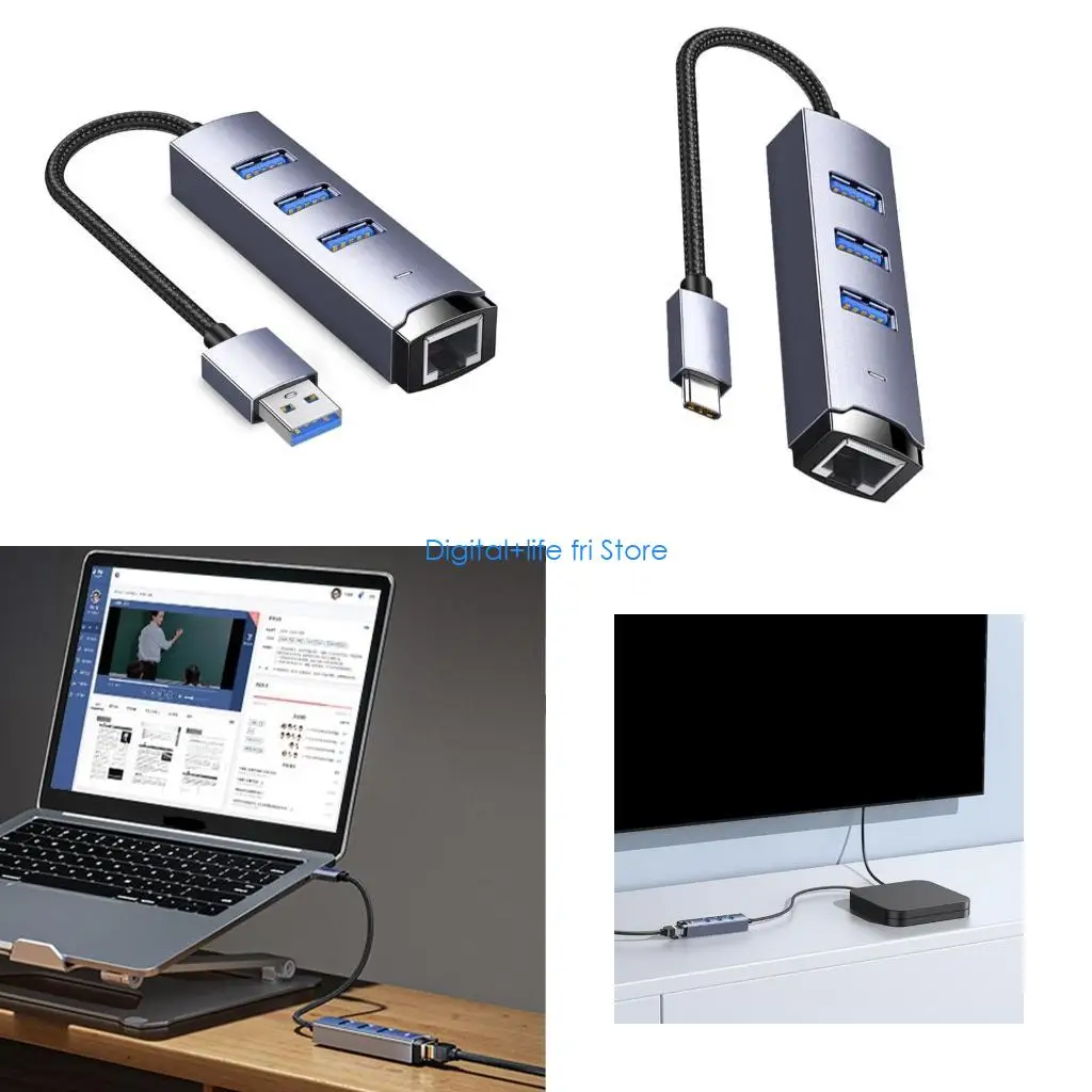 E06D USB/Type C to Ethernet Adapter 5Gbps Data Transmission USB Hub Integrated Gigabit Ethernet for Operating Systems
