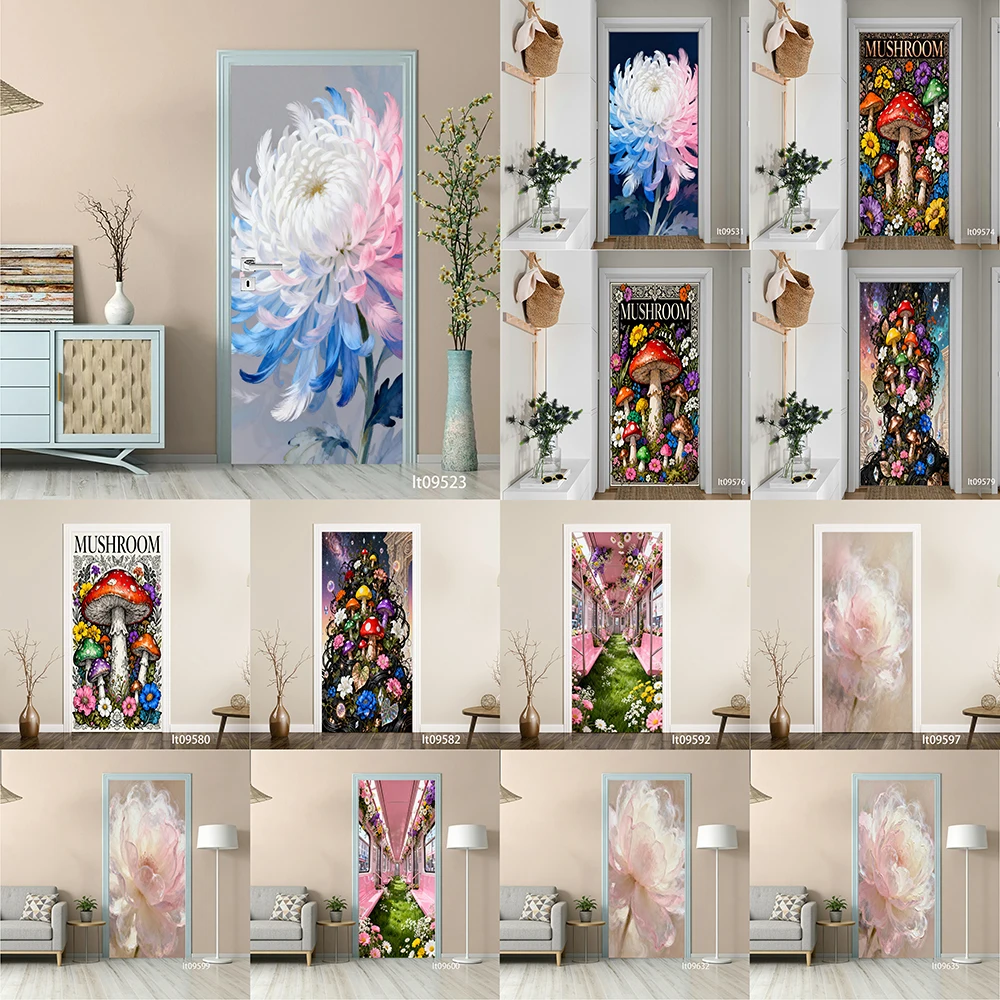 

Fantasy Floral Door Sticker, Removable Peel and Stick Self Adhesive Wallpaper, Mushroom Art Mural for Home Decor