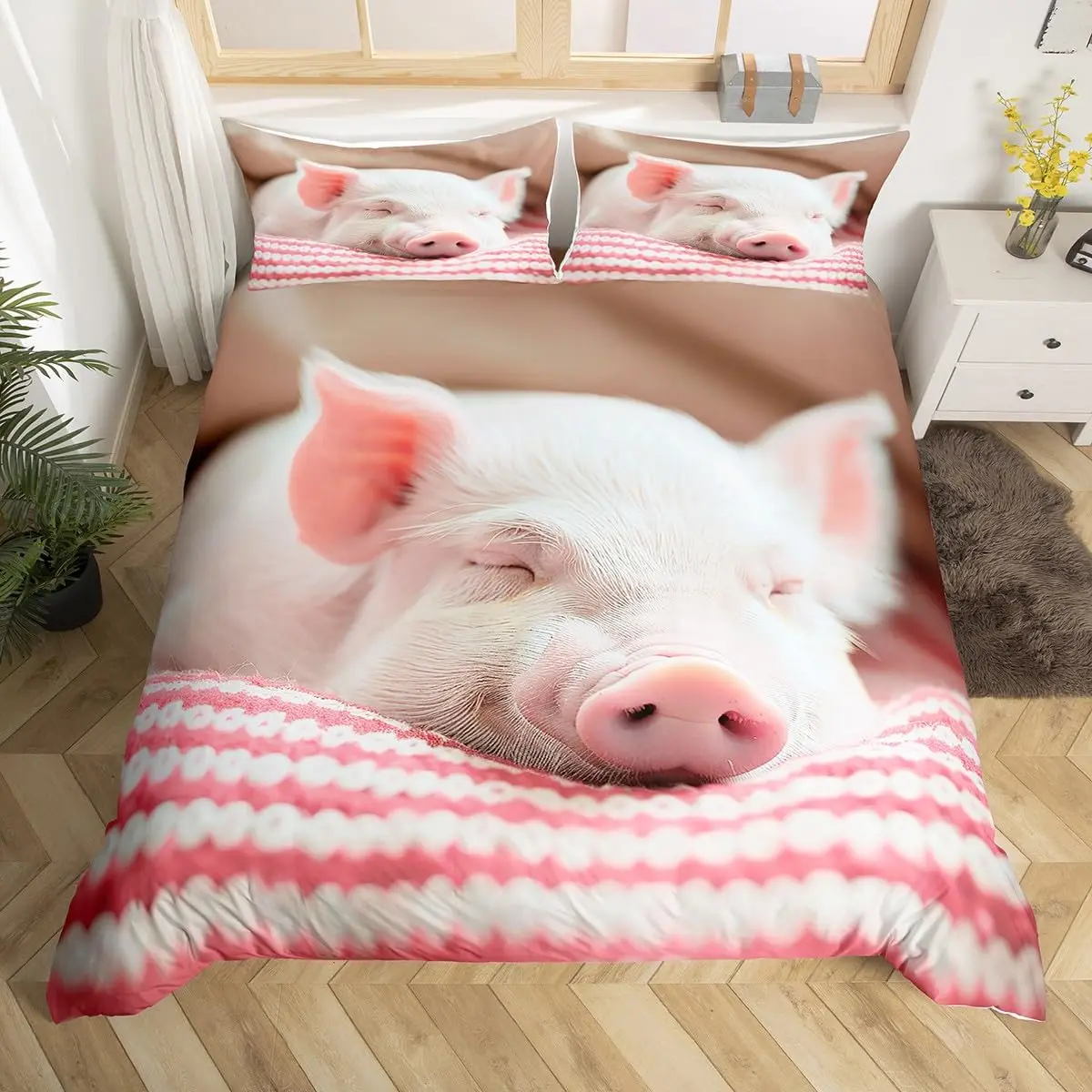 Pink Pig Bedding Set King Queen Sleeping Pig Duvet Cover For Kids Boys Girls Kawaii Animals Comforter Cover With 2 Pillowcases