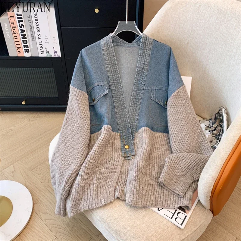 Korean Retro Denim Spliced Sweater Jacket Women Autumn Winter New V-Neck Casual Loose Versatile Oversized Knitted Cardigan Coat