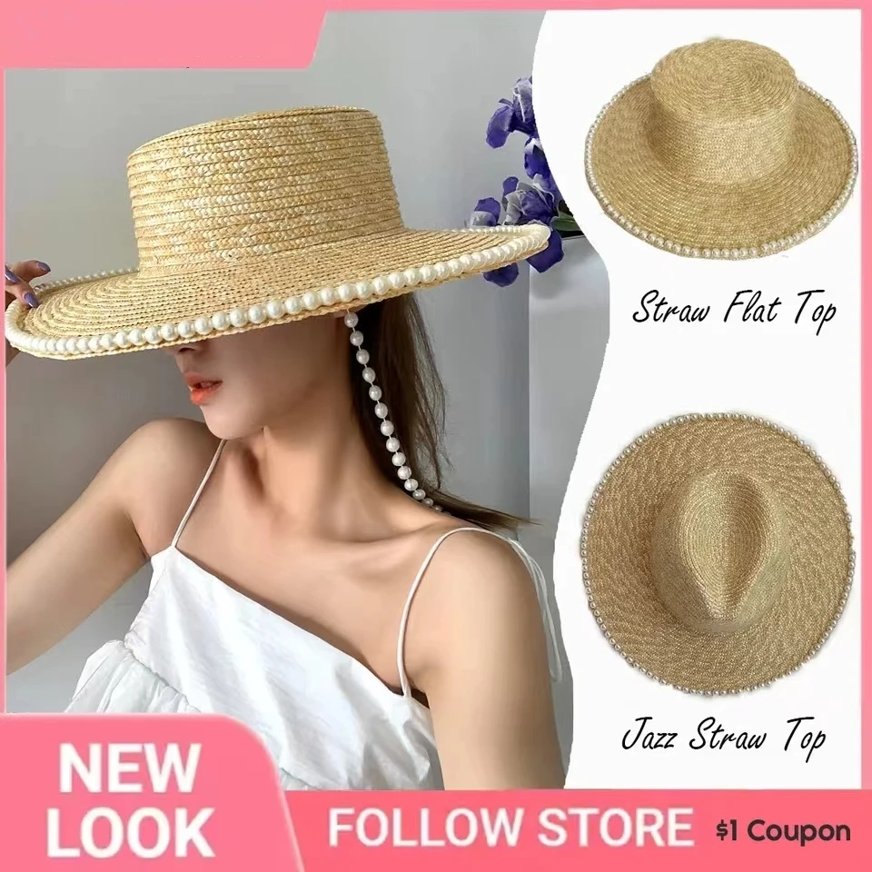 

Classical Wheat Straw Hats Flat Top Wide Brim Boater Hat Pearl Chain Trip Summer Sun Hats for Women Elegant Ladies Derby Gorras