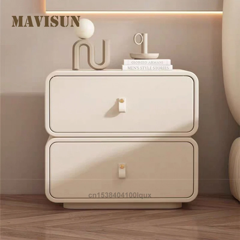 

Italian Cream - Style Double-Drawer Bedroom Table Leather Surface Solid Wood Frame 0.5 Meters Wooden Rectangular Bedside Table