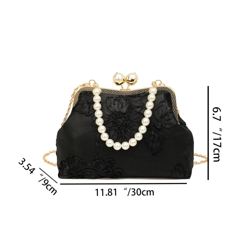 Women Fashionable Pearl Beaded Evening Bag with Chain Vintage Flower Purse Crossbody Handbag for Dinners and Celebration