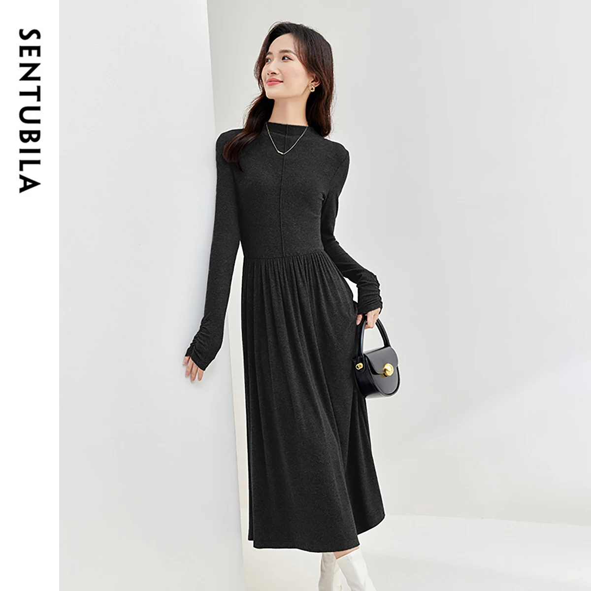 

SENTUBILA Women Black Dresses Knitwear 2025 Winter Long Sleeve A-line Elegant Commute Midi Dress Evening Dresses Ladies144L58348