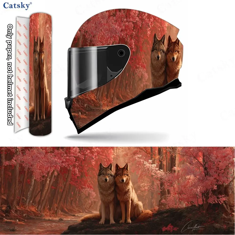 Autumn Realm Wolf Couple Helmet Vinyl Wraps, Waterproof Scratch-Resistant Full Face Helmet Decals, Durable PVC Decoration Protec