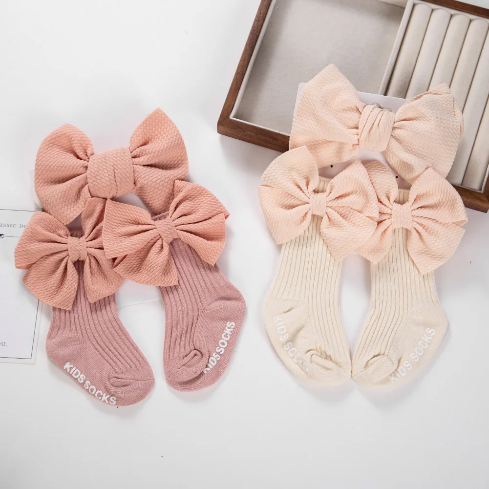 2Pcs/Set Big Bullet Bows Ealstic Nylon Hairbands&Socks Non-Slip Long Stockings 0-12M Cotton Ankle Sock Newborn Baby Headbands