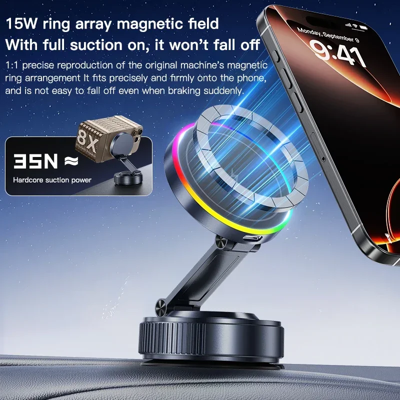 

Car RGB Light Magnetic Wireless Charger 720° Rotate Vacuum Suction Bracket Phone Holder for Magsafe iPhone 17~12 Fast Charging
