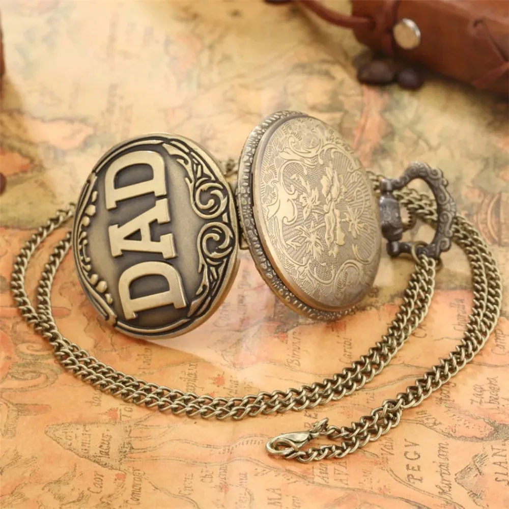 Vintage bronze carving DAD Fashion Quartz Pocket Watch Give Father Best Pendant Gift Collection Artwork