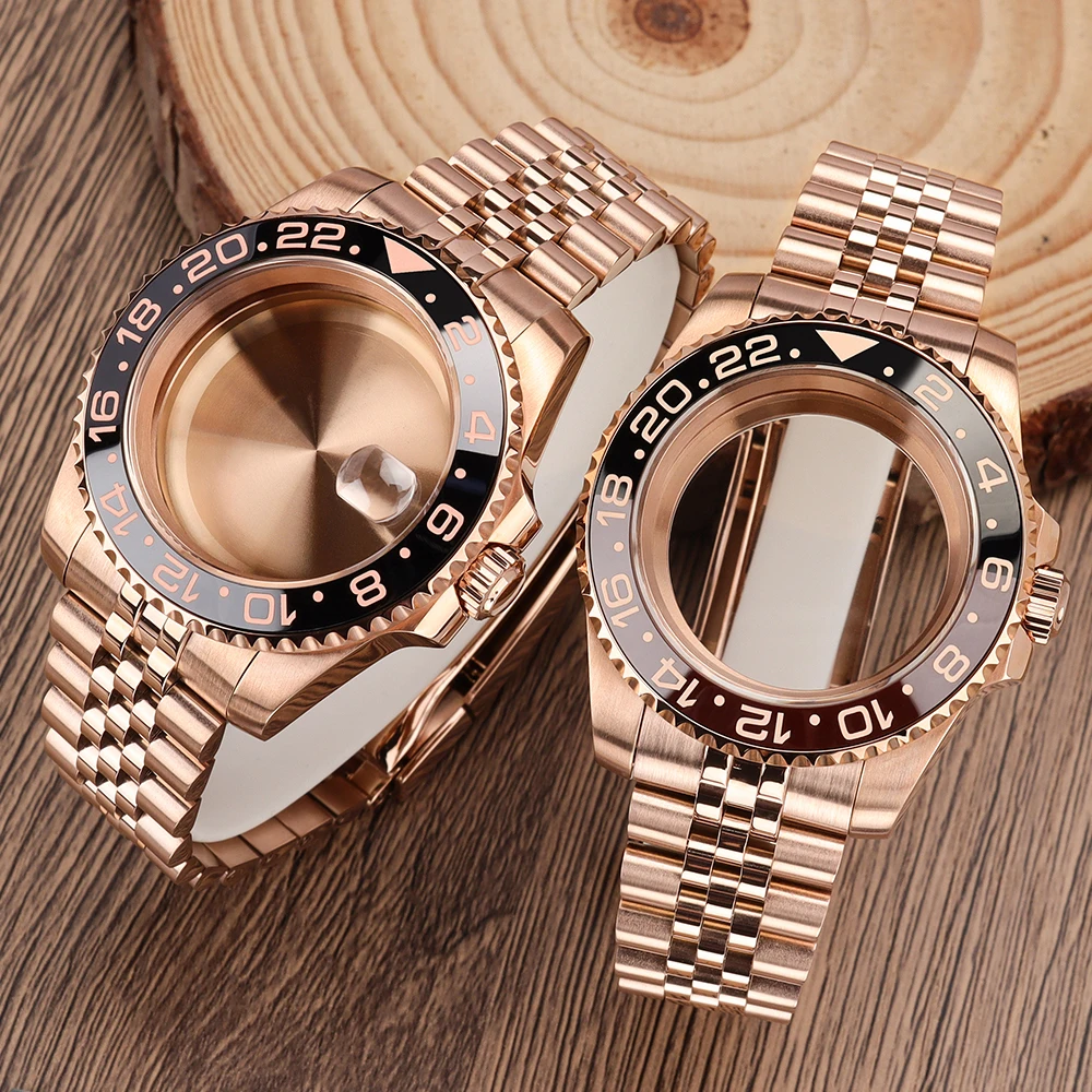 

40mm GMT NH34 Watch Case WatchBand Sapphire Glass For YACHT SUB NH34 NH35 NH36 ETA2824 Miyota 8215 Movt Sloping Bezel 120 Clicks