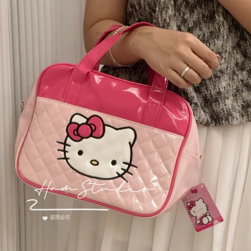 Sanrio Embroidered Cute Cartoon Hello Kitty Zipper Square Handbags Y2k PU Leather Women\'s Cosmetic Storage Bags Lunch Box