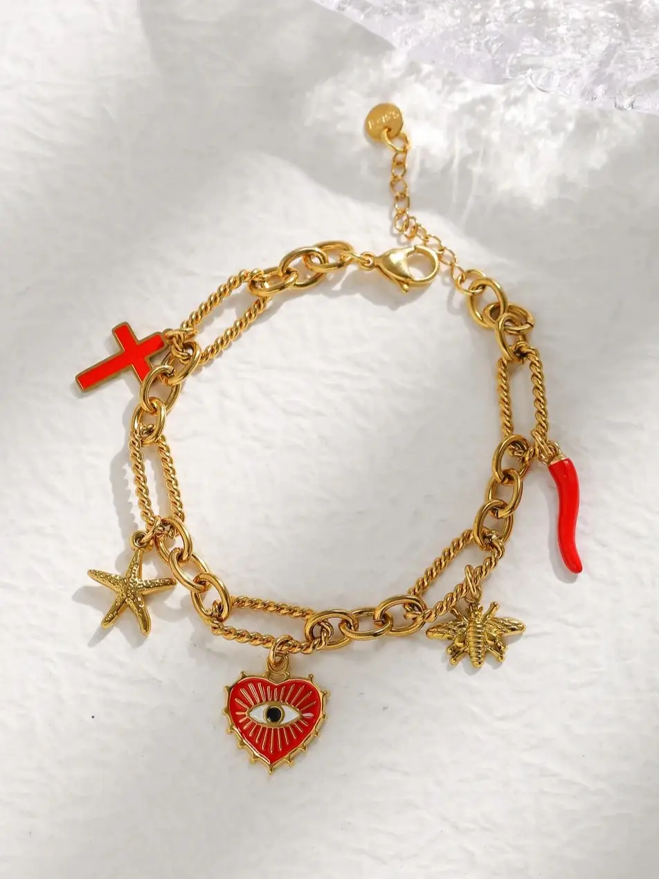 Stainless steel eyes, starfish, bee, cross, pepper charm thread stitching bracelet Women\'s vintage charm wrist jewelry party