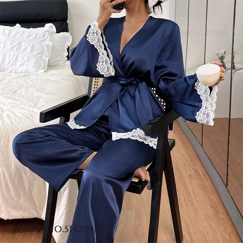 

Пижамный комплект из 2 предметов, женская одежда для сна, пижамный костюм, элегантная шелковая атласная пижама, одежда для дома, весна-осень, новая свободная домашняя одежда, пижама
