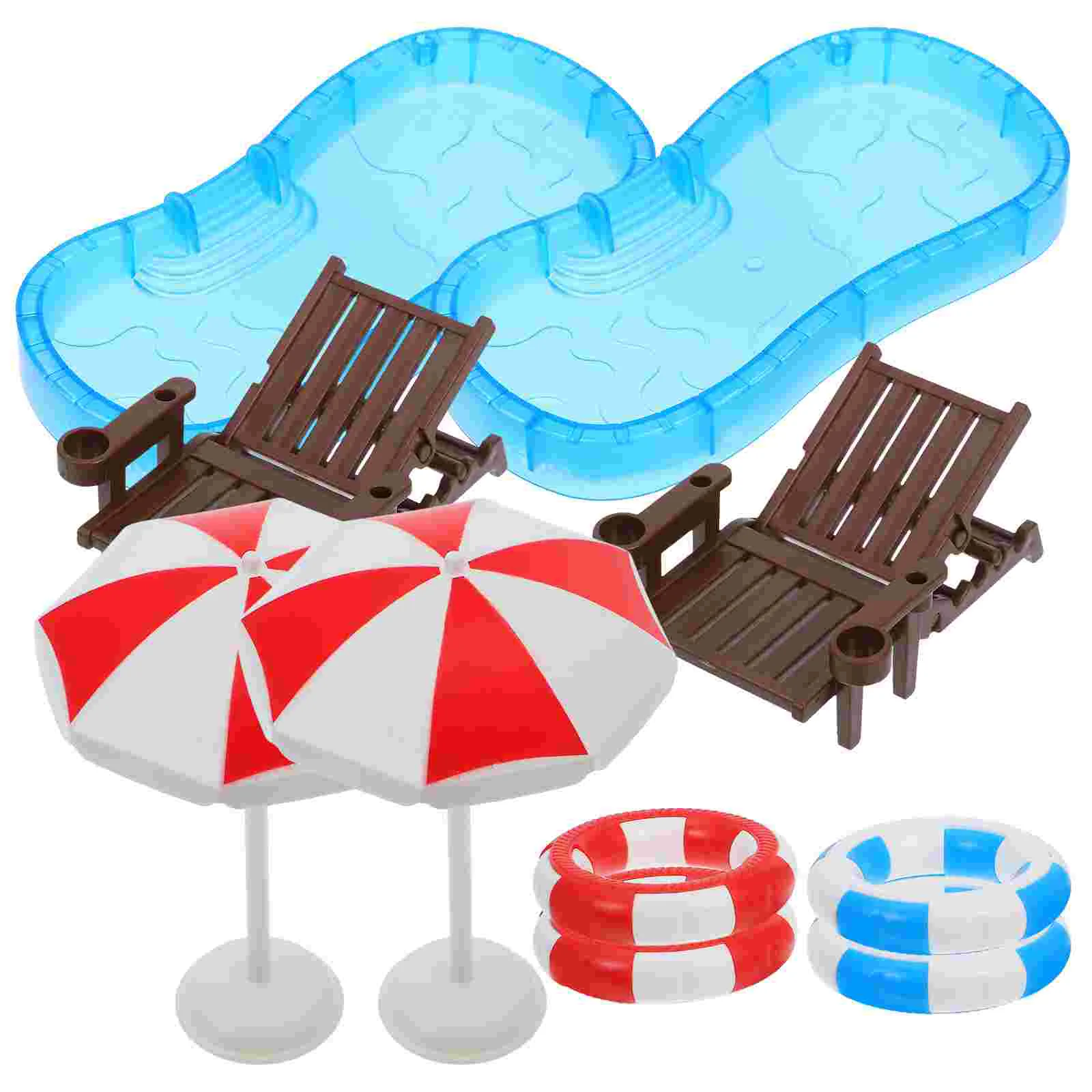 2 Sets House Beach Chair Toy Mini Swim Pool Furniture Cake Plastic Swimming Ring Seaside Summer Scene Prop