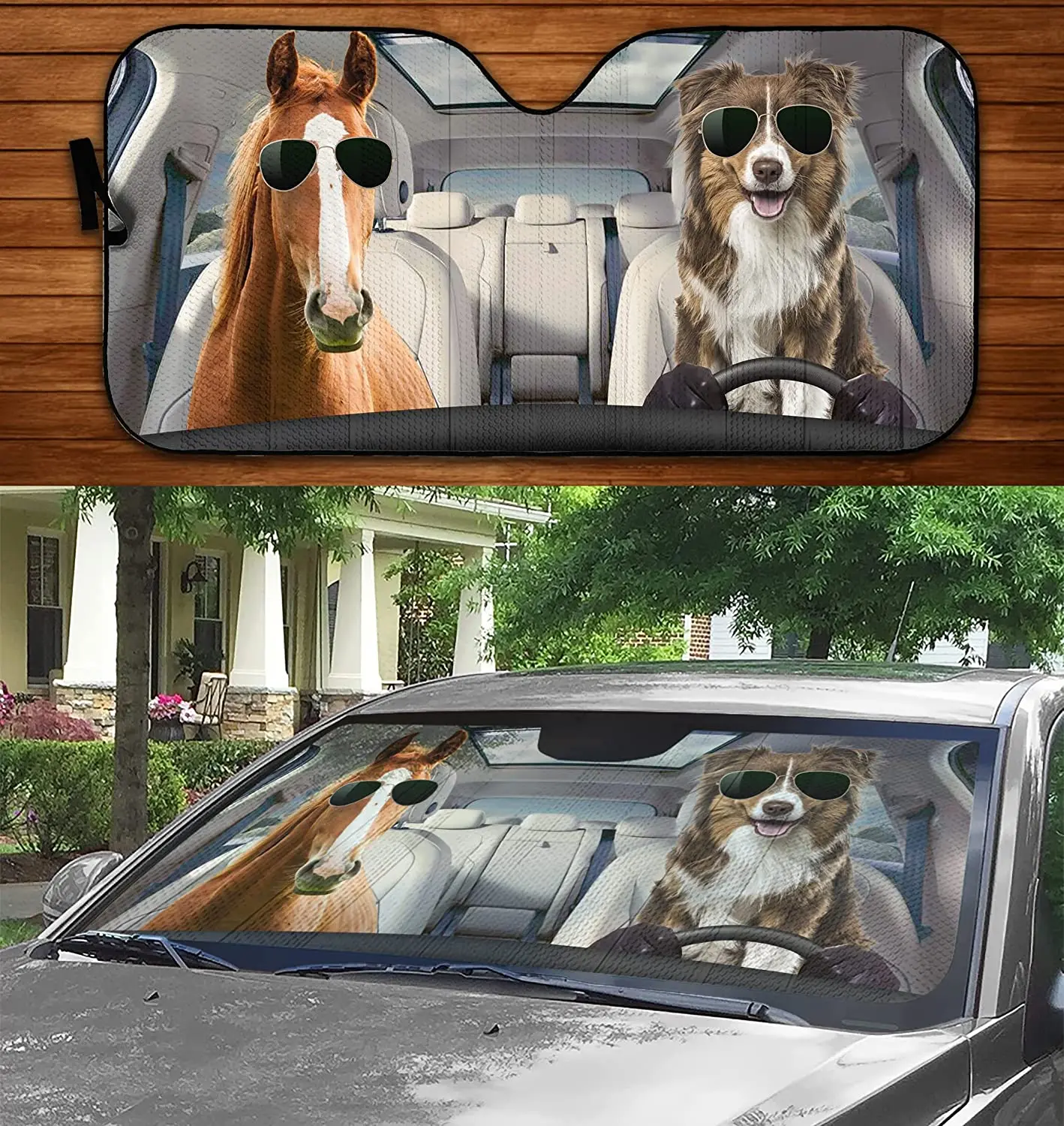 Horse and Australian Shepherd with Glasses Driving Car Sunshade, Australian Shepherd Mom Car Decor, Horse Lover Gift, Car Windsh