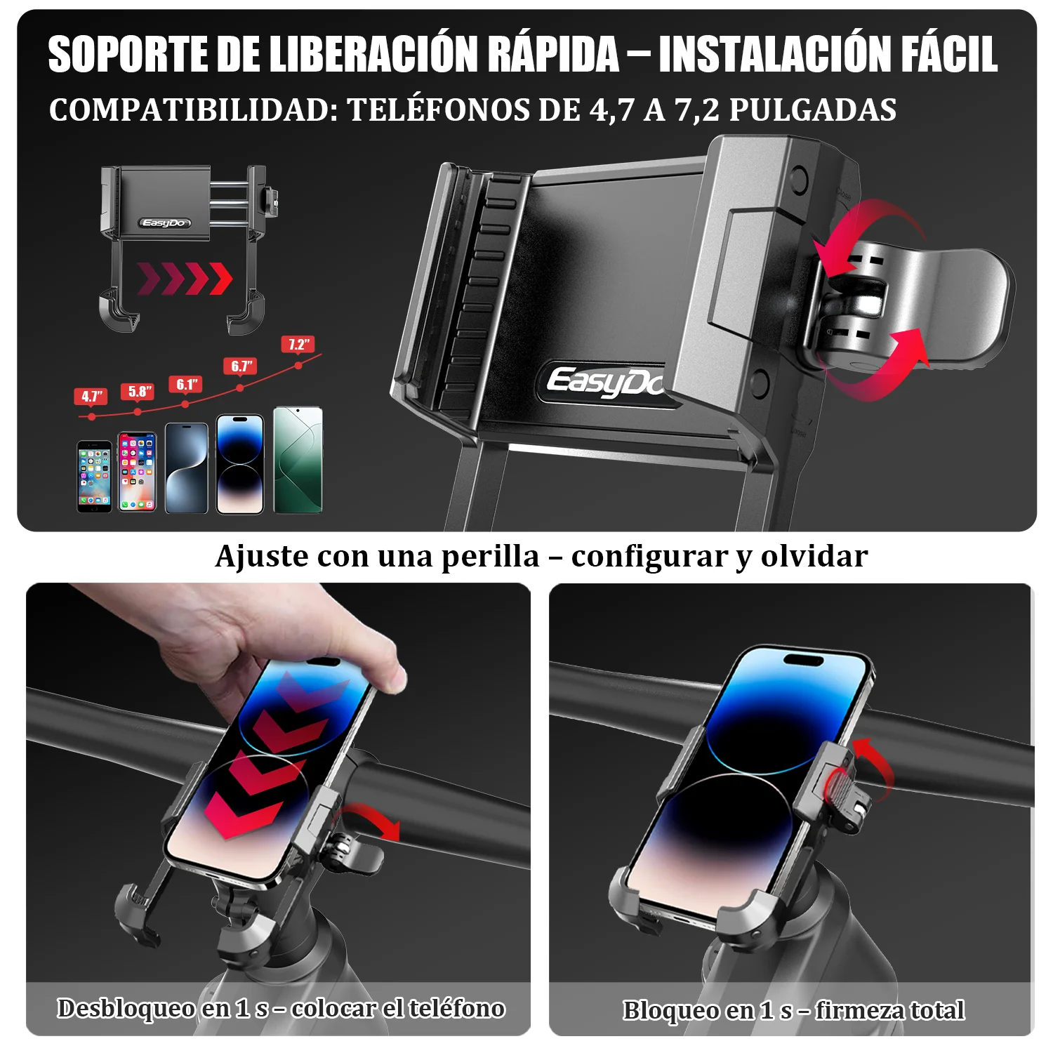 Soporte de teléfono para bicicleta Easydo, antivibración, de aluminio, con tapa de dirección, montaje de teléfono con perno M6 para bicicleta de carretera y gravel.