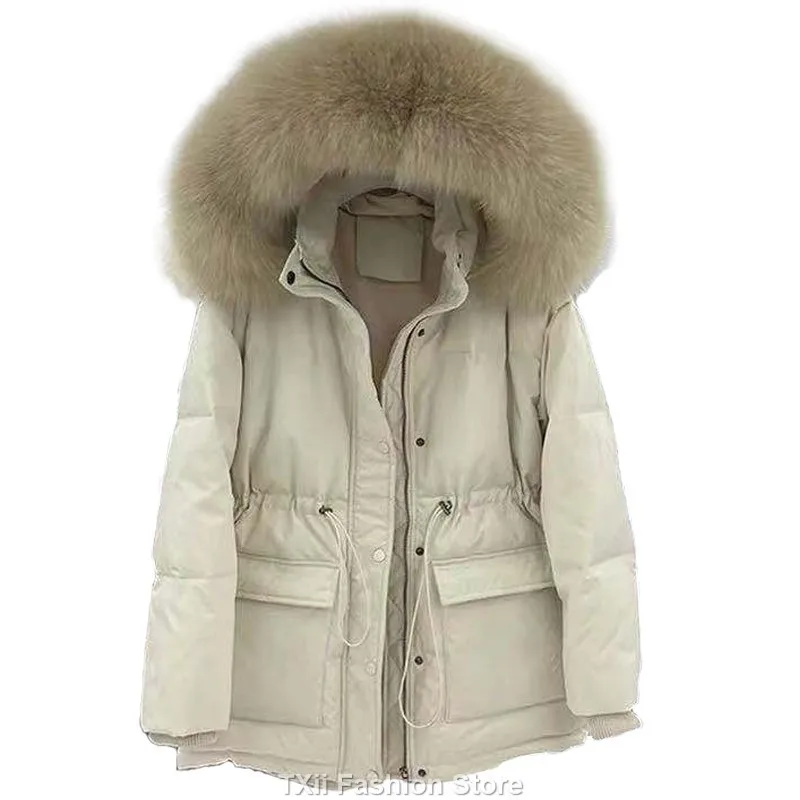 2023 White Duck Down Coat Winter Women Fashion Hooded Real Fox Fur Collar Thicken Warm Feather Clothing Female Parka Overcoat