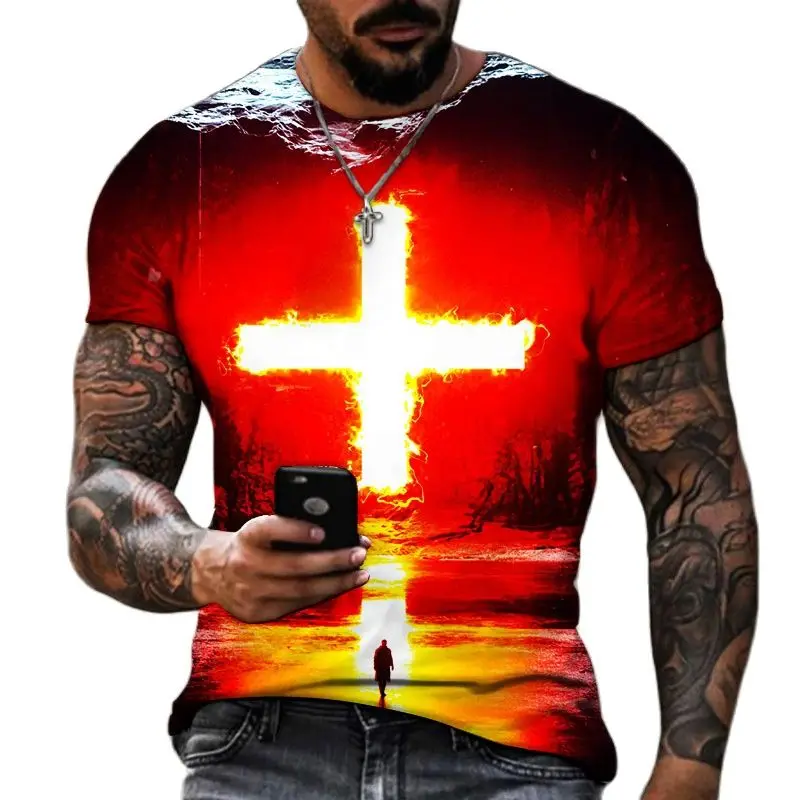 Summer Men\'S 3d Printed T-Shirt Jesus Cross Print Retro Catholic Harajuku O-Collar Short-Sleeved Casual Fashion Plus Size Top