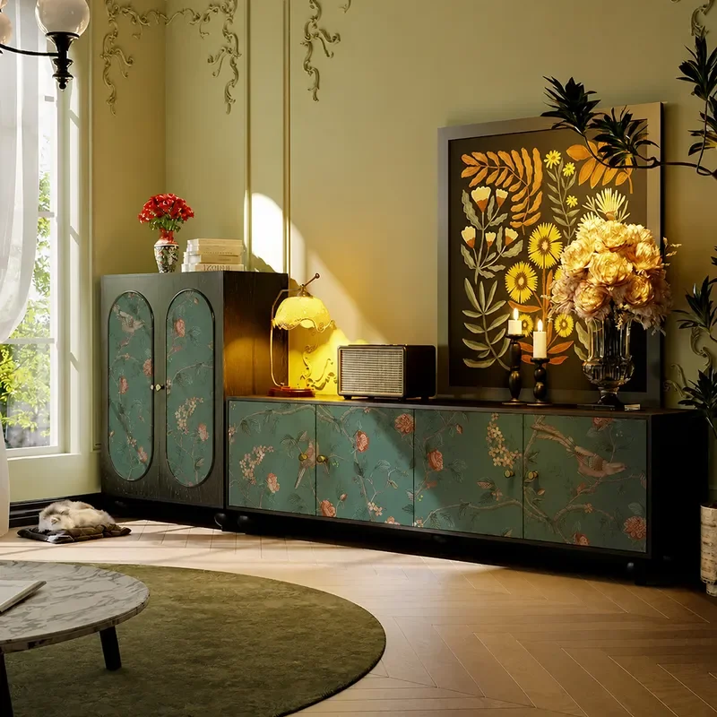 Medieval Green Flower and Bird Pattern Solid Wood TV Cabinet Living Room Entrance Storage Decorative Vertical Console Table