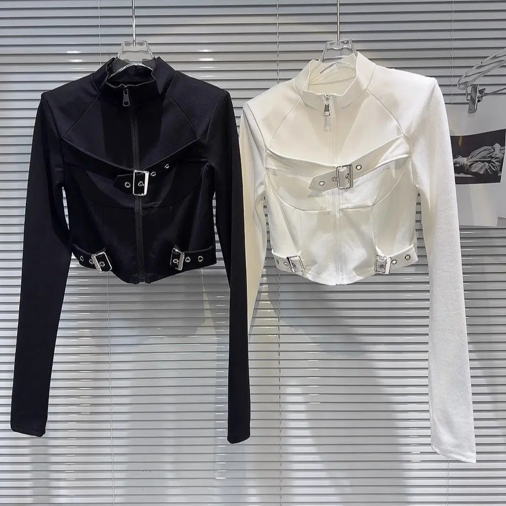 

Autumn American Street Style Casual Short Coat Women's Belt Design Zipper High Neck Short Jacket Top Y2K Vintage Coat 2025