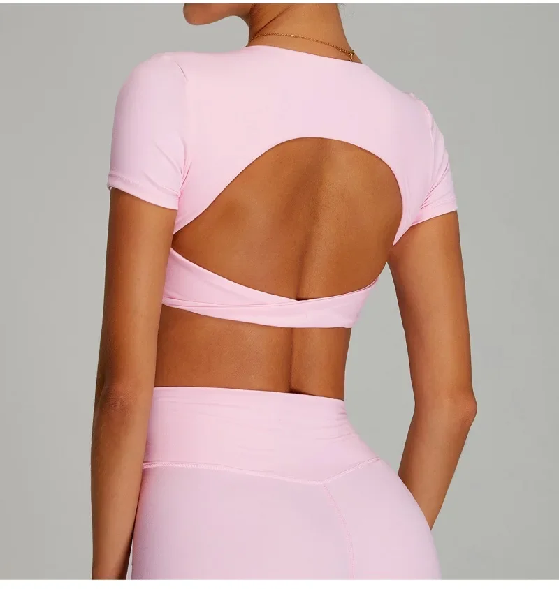 

Women Sexy Backless Yoga Tops with Built in Bra Quick Dry Short Sleeve Workout Shirt for Running Fitness